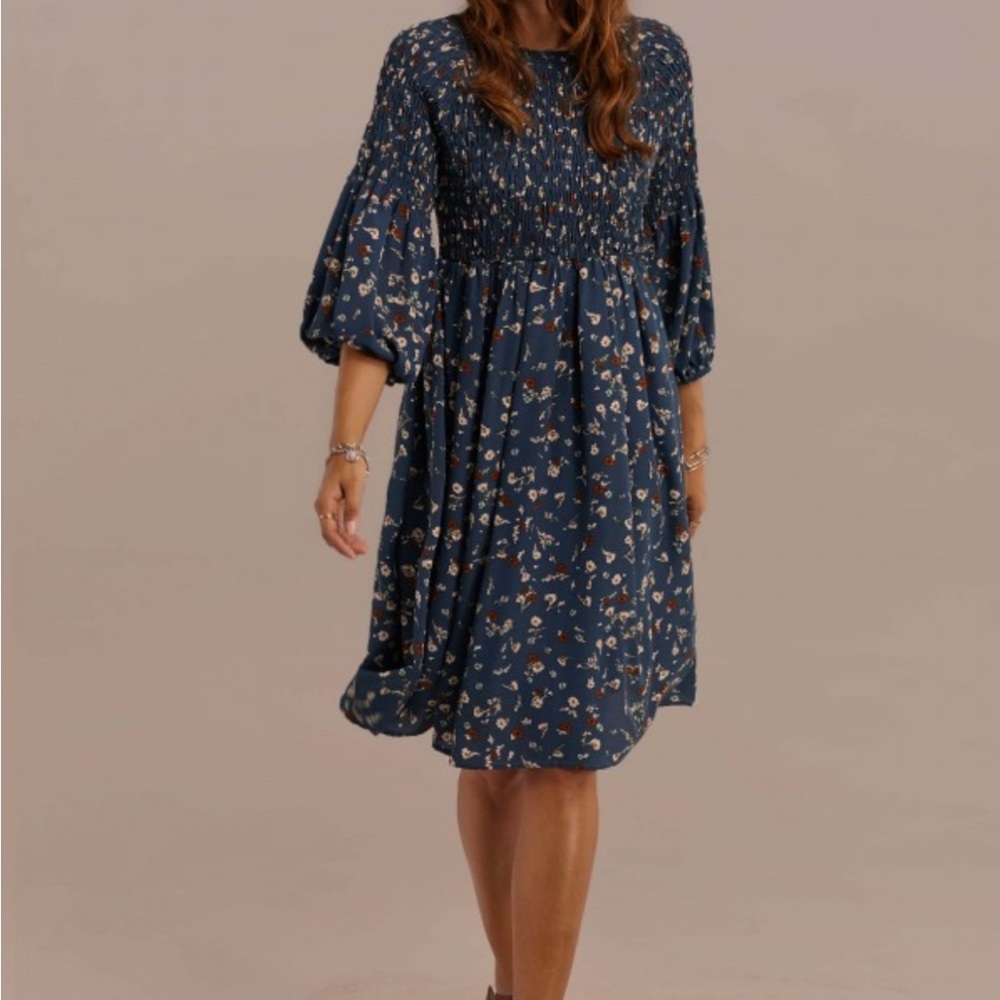 Blue 3/4 Length Sleeve Round Neck Natural Floral Midi Dress